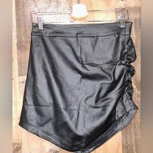 Black Ruched Faux Leather Mini Skirt Asymmetrical Size Large Festival